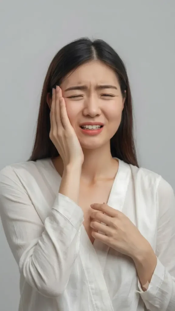 歯の激しい痛みに顔をしかめて頬を押さえる女性