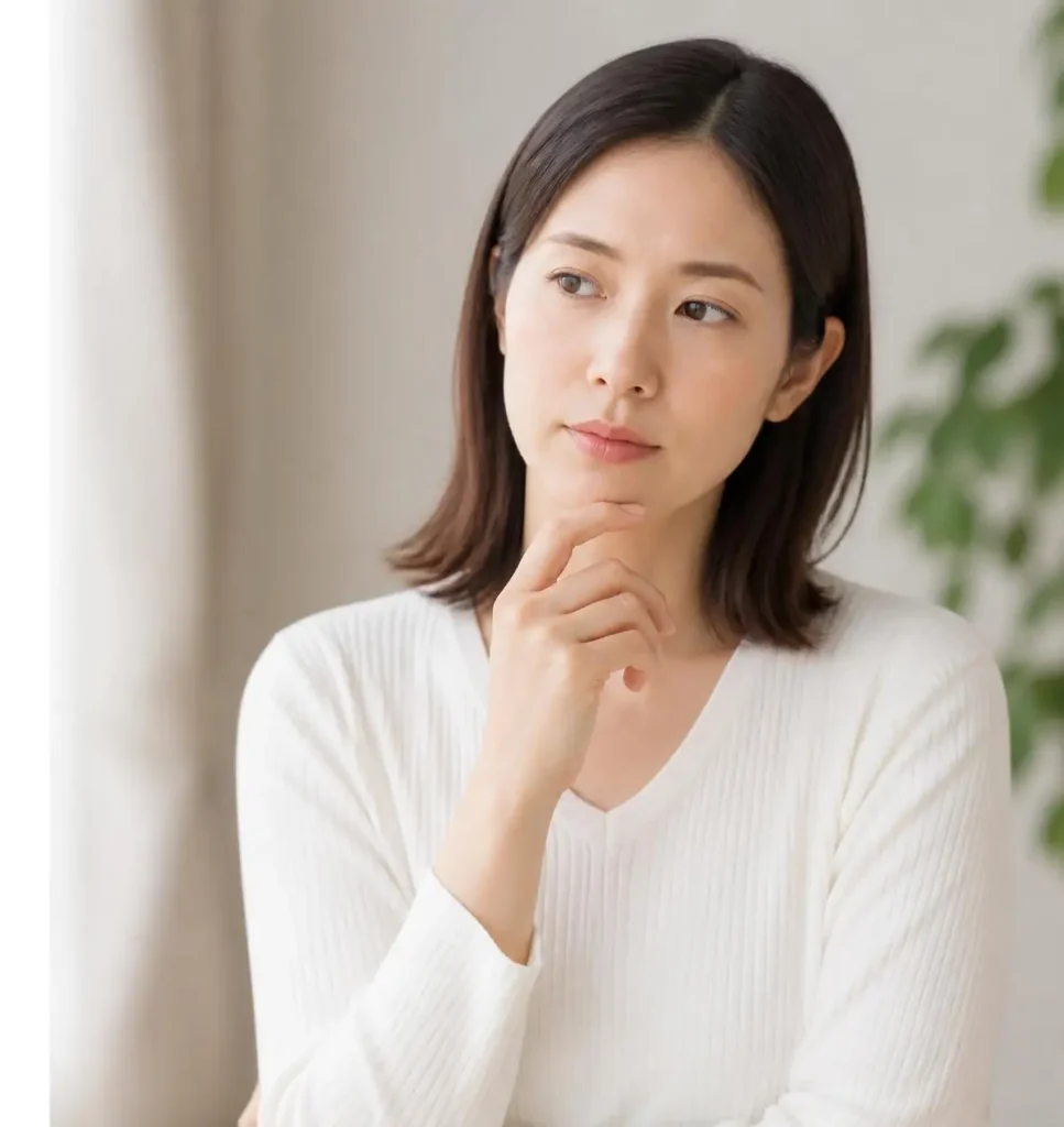 歯の治療法や選択肢についてあごに手を当てて悩む女性